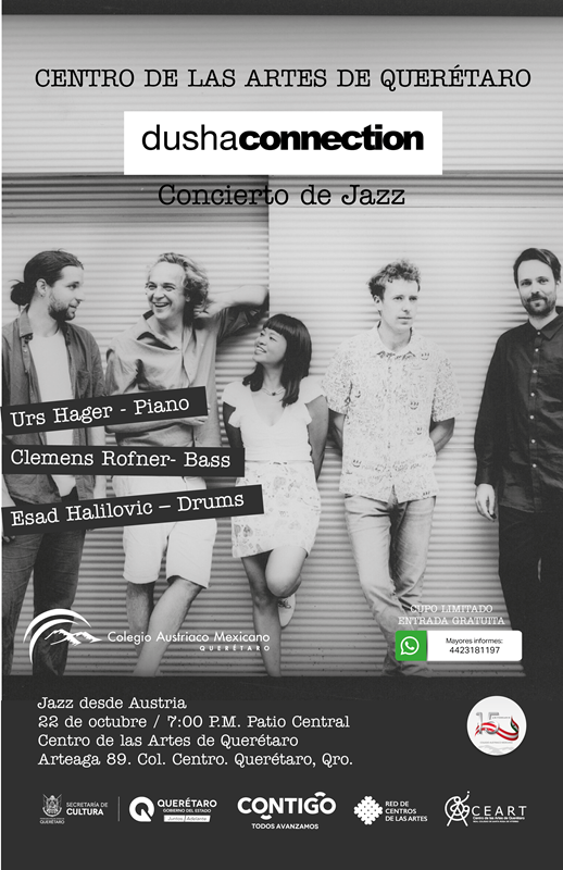 Das Bild zeigt ein Plakat in Schwarz-Weiß für ein Jazzkonzert. Im Zentrum steht ein Foto einer fünfköpfigen Musikgruppe (vier Männer und eine Frau), die nebeneinander vor einer geriffelten Wand stehen und lächeln oder miteinander interagieren.
