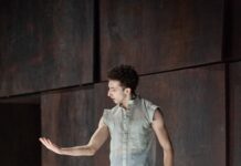 Tanzperformance „Rückkehr zum Fluss” / Kulturforum Bratislava Das Bild zeigt den Tänzer Gabriele Aime in einem halbtransparenten, ärmellosen Oberteil und grau-blauer Unterwäsche auf einer Bühne in Tanzpose vor dunkler, rostbrauner Kulisse und blickt auf seine geöffnete Hand.