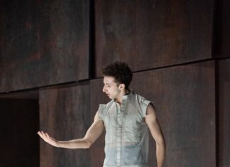 Tanzperformance „Rückkehr zum Fluss” / Kulturforum Bratislava Das Bild zeigt den Tänzer Gabriele Aime in einem halbtransparenten, ärmellosen Oberteil und grau-blauer Unterwäsche auf einer Bühne in Tanzpose vor dunkler, rostbrauner Kulisse und blickt auf seine geöffnete Hand.