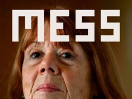 Der Prozess Pelicot / Kulturforum Sarajewo Das Bild zeigt Gisèle Pelicot mit weißem Schal und die Überschrift „MESS“ in großen weißen Buchstaben. Ein Textblock unten gibt Details zur Vorstellung von "SLUČAJ PELICOT" am 4.10.2026 im Nationaltheater Sarajevo bekannt.