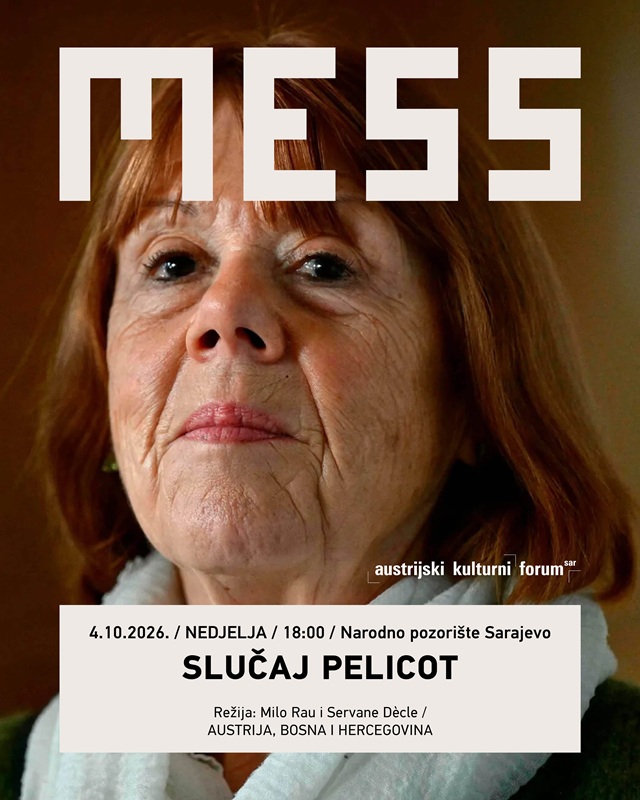 Das Bild zeigt Gisèle Pelicot mit weißem Schal und die Überschrift „MESS“ in großen weißen Buchstaben. Ein Textblock unten gibt Details zur Vorstellung von 