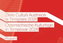 Österreichische Kulturtage in Temeswar / Kulturforum Bukarest 1) Plakat für die „Österreichischen Kulturtage in Temeswar 2026“ (Zilele Culturii Austriece la Timișoara 2026) mit einem detaillierten Veranstaltungsprogramm von Ende September bis Anfang Oktober 2026. Das Plakat ist modern gestaltet mit einem rot-weiß gestreiften, dreidimensional wirkenden Band-Design im Hintergrund, das an die österreichischen Nationalfarben erinnert.