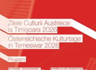 Österreichische Kulturtage in Temeswar / Kulturforum Bukarest 1) Plakat für die „Österreichischen Kulturtage in Temeswar 2026“ (Zilele Culturii Austriece la Timișoara 2026) mit einem detaillierten Veranstaltungsprogramm von Ende September bis Anfang Oktober 2026. Das Plakat ist modern gestaltet mit einem rot-weiß gestreiften, dreidimensional wirkenden Band-Design im Hintergrund, das an die österreichischen Nationalfarben erinnert.
