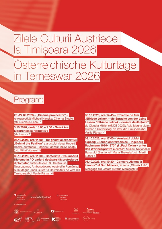 1) Plakat für die „Österreichischen Kulturtage in Temeswar 2026“ (Zilele Culturii Austriece la Timișoara 2026) mit einem detaillierten Veranstaltungsprogramm von Ende September bis Anfang Oktober 2026. Das Plakat ist modern gestaltet mit einem rot-weiß gestreiften, dreidimensional wirkenden Band-Design im Hintergrund, das an die österreichischen Nationalfarben erinnert.
