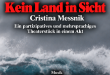 Kein Land in Sicht / Kulturforum Madrid Das Bild zeigt eine stürmische Welle vor grauem Himmel mit Informationen zur Veranstaltung.