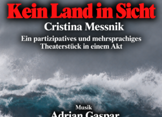 Kein Land in Sicht / Kulturforum Madrid Das Bild zeigt eine stürmische Welle vor grauem Himmel mit Informationen zur Veranstaltung.