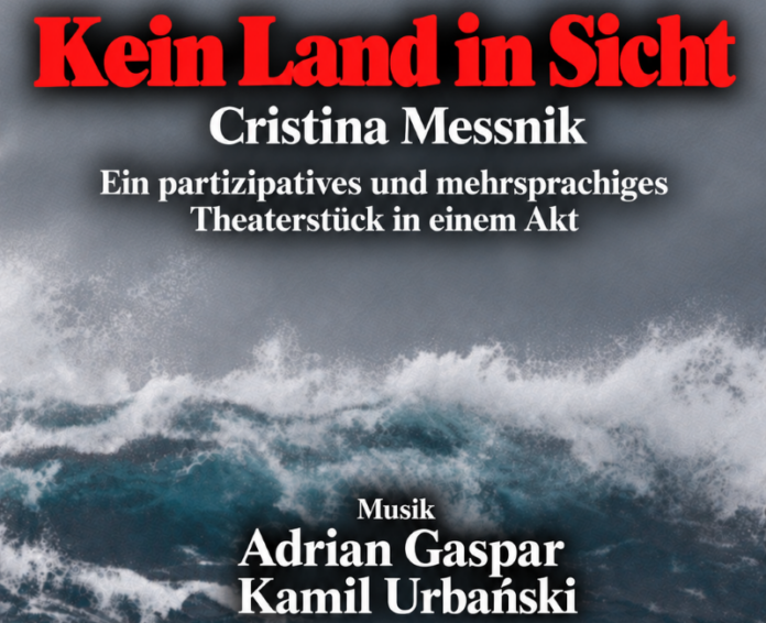 Bild: Cristina Messnik Das Bild zeigt eine stürmische Welle vor grauem Himmel mit Informationen zur Veranstaltung.