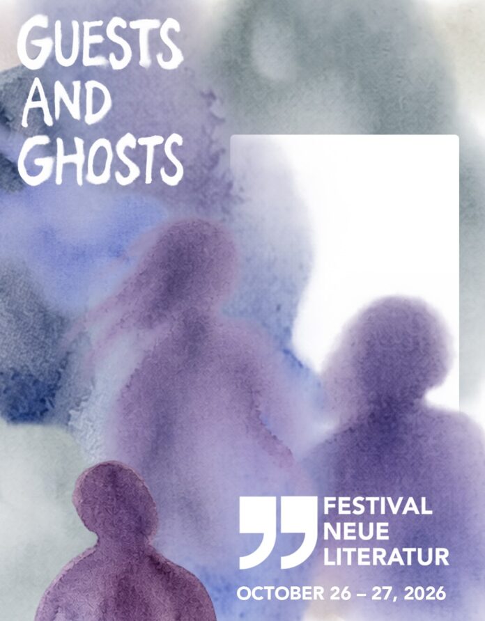 Das Bild zeigt das offizielle Motiv des Festivals Neue Literatur 2026 „Guests and Ghosts“.