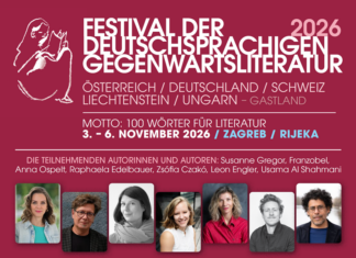 Literaturfestival / Kulturforum Zagreb Das Bild zeigt das Festivalplakat mit Titel, Ort und Datum sowie den Namen und Porträtfotos der teilnehmenden Autorinnen und Autoren.