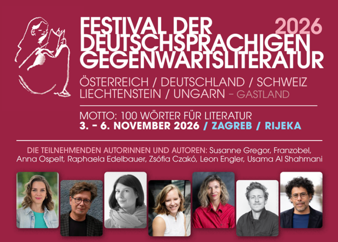 Bild: © Leykam international Das Bild zeigt das Festivalplakat mit Titel, Ort und Datum sowie den Namen und Porträtfotos der teilnehmenden Autorinnen und Autoren.