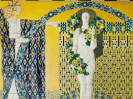 Ausstellung: Leopold Forstner / Kulturforum Zagreb Das Bild zeigt das Ausstellungsplakat. Man sieht das Bild einer halbnackten Frau in Mosaiken gelegt.