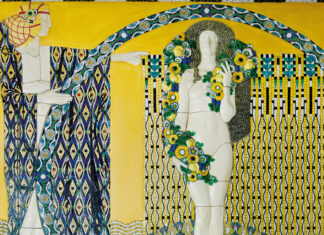Ausstellung: Leopold Forstner / Kulturforum Zagreb Das Bild zeigt das Ausstellungsplakat. Man sieht das Bild einer halbnackten Frau in Mosaiken gelegt.