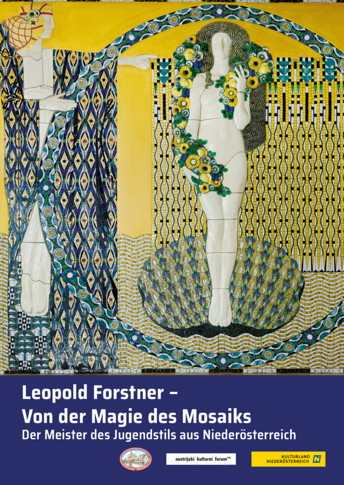 Das Bild zeigt das Ausstellungsplakat. Man sieht das Bild einer halbnackten Frau in Mosaiken gelegt.