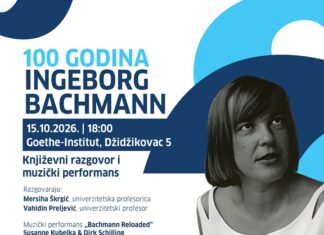 Bachmann Reloaded / Kulturforum Sarajewo Das Bild zeigt das Veranstaltungsplakat: hell- und dunkelblauer Text auf weißem Hintergrund, rechts in der Mitte ein Schwarz-Weiß-Foto von Ingeborg Bachmann.