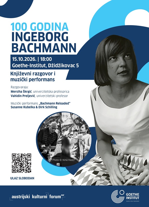 Das Bild zeigt das Veranstaltungsplakat: hell- und dunkelblauer Text auf weißem Hintergrund, rechts in der Mitte ein Schwarz-Weiß-Foto von Ingeborg Bachmann.