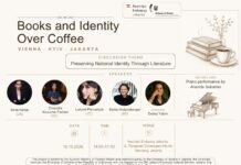 Literatur-Café / Botschaft Jakarta Das Bild zeigt die Einladung zur Veranstaltung mit allen Mitwirkenden, einem Klavier und einer Kaffeetasse.